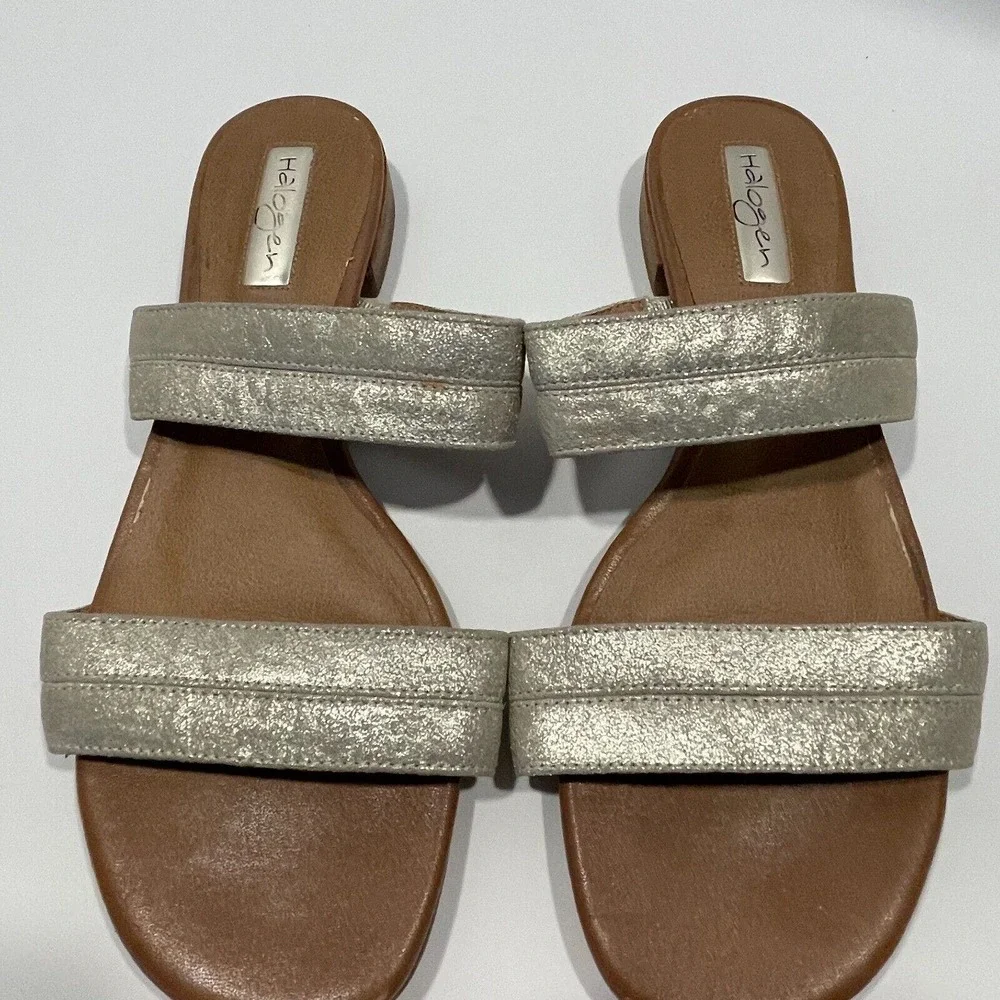 Halogen Gold Metallic Leather Double Strap Slide‎ Sandals